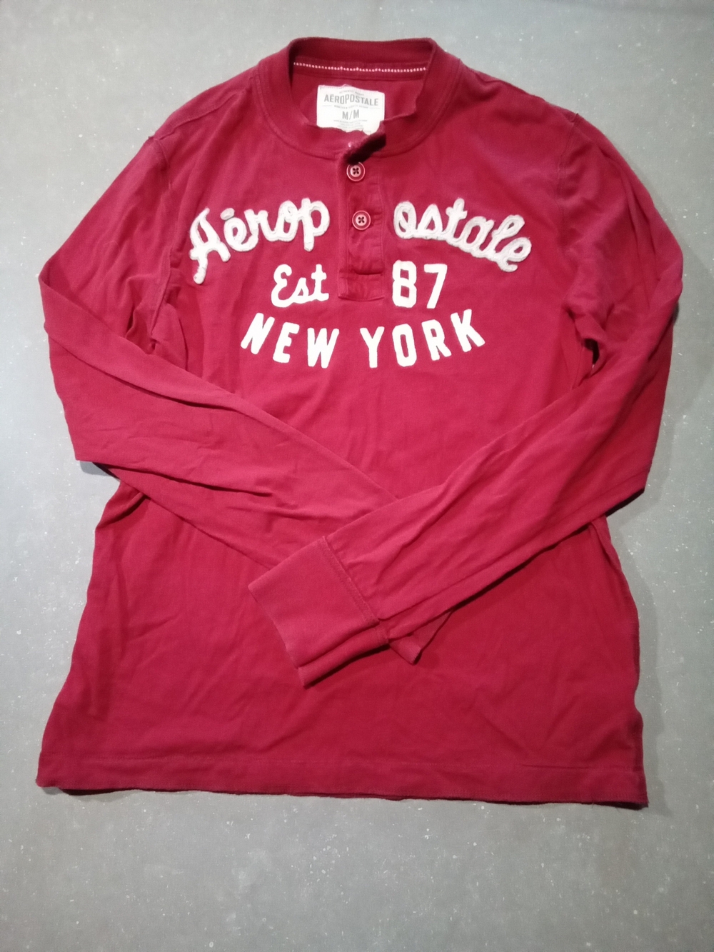 Aeropostale Red Long-Sleeve Henley with White New York Applique